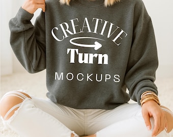 Dark Heather Gildan 18000 Crewneck Mockup, Gildan Mockup grey, trendy Mockup dark grey Sweatshirt, G1800 black Mockup, grey Crewneck mockup,