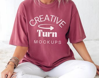 Crimson Comfort Colors 1717 Mockup, Trendy Oversized Tshirt Mockup, Crimson Model Mock, Aesthetic Shirt Mock, fall Mockup, trendy mockup