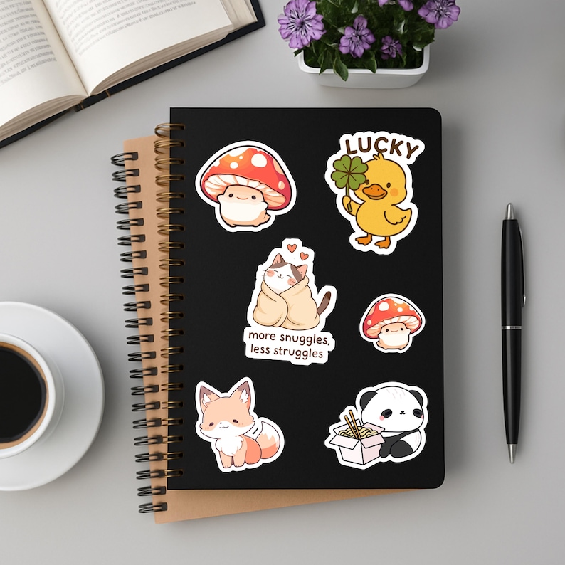 May include: A black spiral-bound notebook adorned with various stickers. These include a mushroom, a duck with a four-leaf clover, a cat in a blanket, a fox, a panda, and a mushroom. The text "more snuggles, less struggles" is also present.