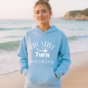 Light blue Gildan 18500 Mockup, light blue Hoodie Mockup For Print on Demand, light blue beach Sweatshirt Mockups, Gildan Mock-up, Gildan