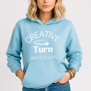 Light blue Gildan 18500 Mockup, light blue Hoodie Mockup For Print on Demand, light blue beach Sweatshirt Mockups, Gildan Mock-up, Gildan