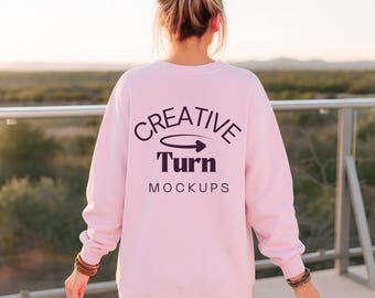 Light pink Gildan 18000 Mockup back, light pink sweatshirt Mockup For Print on Demand, light pink beach Sweatshirt Mockups, back of model