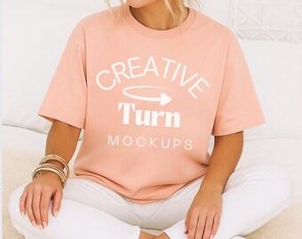 Peach Comfort Colors 1717 Mockup, Trendy Oversized Tshirt Mockup, Peach Model Mock, Aesthetic Shirt Mock, fall Mockup, trendy mockup