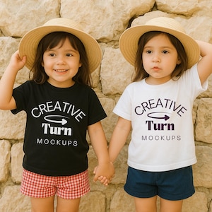 Kids White & Black Tshirt Mockup, kids Boho Shirt Mockup, White Tee Girl Toddler Mockup, Bella Canvas Youth, 3001Y, 64000B, Gildan 5000B