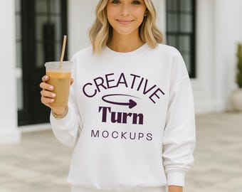 White Gildan 18000 Crewneck Mockup, Gildan Mockup White, trendy Mockup White Sweatshirt, G1800 White Mockup, Model Mockup, Crewneck mockup