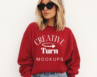 Cardinal Red Gildan 18000 mockup, Gildan red sweater mockup, 18000 Gildan heavy cotton mockup, simple sweater lifestyle mockup