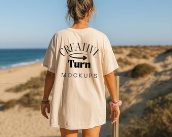Comfort Colors 1717 Mockup Ivory back, Trendy Oversized Tshirt Mockup, Beach Model Mock, ivory comfort colours back, Summer POD Mock,