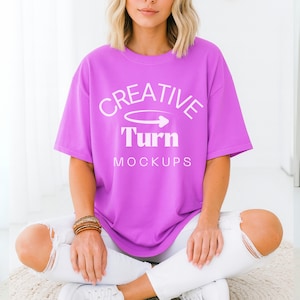 Neon Violet Comfort Colors 1717 Mockup, Trendy Oversized Tshirt Mockup, neon Violet Model Mock, Aesthetic Shirt Mock, boho Mockup
