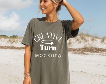 Comfort Colors 1717 Mockup pepper, Trendy Oversized Tshirt Mockup, Beach Model Mock, Aesthetic Shirt Mock, Summer POD Mock, pepper Mockup