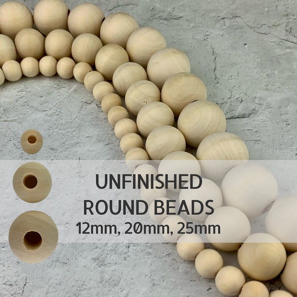 12, 20, 25mm Unfinished Round Wood Beads - Large Hole - Macrame Beads - Wood Beads