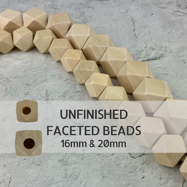 16 and 20mm Unfinished Faceted Wood Beads - Large Hole - Multiple Pack Sizes - Macrame Beads - Wooden Beads - Geometric Beads