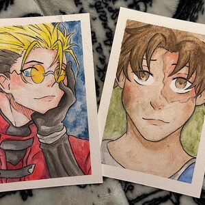 May include: Two watercolor portraits of anime characters. One features a character with spiky yellow hair, round yellow glasses, and a red jacket. The other portrait depicts a character with brown hair and a scar on their face.