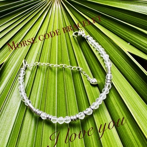 Morse Code Bracelet, Clear Quartz Bracelet, April Birthstone, Healing Quartz, Yoga Bracelet, Star Cut Gems, 3mm Clear Quartz Beans, Jewelry