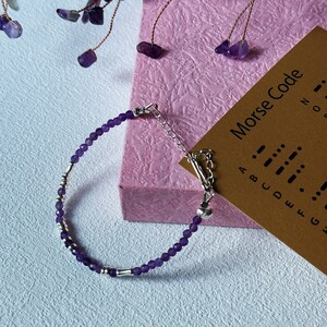 Morse Code Bracelet, 3mm Amethyst Bracelet, February Birthstone, Healing Quartz, Yoga Bracelet, Star Cut Gems, Gemstone Morse Code Bracelet