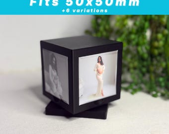 Cubo giratorio magnético de 50 mm (STL/soporte para fotos con botón pulsador) (uso comercial, descarga digital)