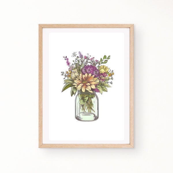 Glass Garden Blooms, Floral Mason Jar Arrangement Digital Wall Art, Digital Art Flower Arrangements in Mason Jar Printable Wall Art