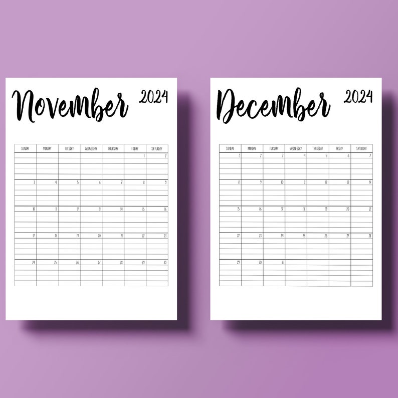 Sunday Start 2024 Lined Printable Monthly Calendar, Portrait Calendar