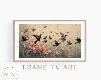 Samsung Frame TV Art - Birds in Spring Landscape, Vintage Style TV Art Digital Oil Painting, Neutral Tone Digital TV Art Scenery