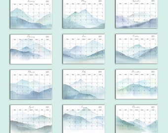 2024 Calendar Printable, Watercolour Mountain Design Monthly Calendar, Sunday Start, Landscape Orientation, Digital Download, PDF wl1.1.1