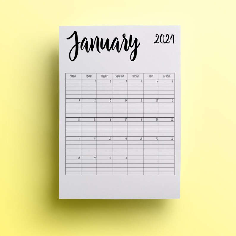 Sunday Start 2024 Lined Printable Monthly Calendar, Portrait Calendar
