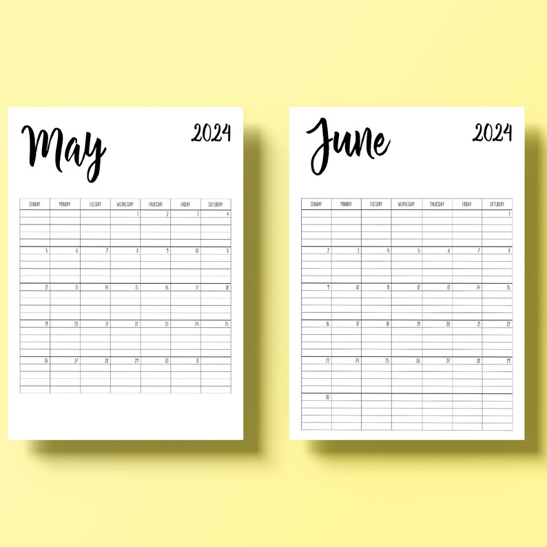 Sunday Start 2024 Lined Printable Monthly Calendar, Portrait Calendar