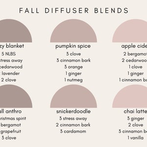 Può includere: Una grafica con sei diverse miscele di diffusori autunnali. Ogni miscela è rappresentata da un semicerchio con un nome e un elenco di ingredienti. Le miscele sono Cozy Blanket, Pumpkin Spice, Apple Cider, Fall Anthro, Snickerdoodle e Chai Latte.