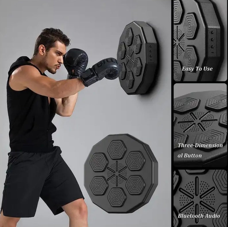 May include: Black boxing training target with hexagonal pads, mounted on a wall. A person wearing black boxing gloves is punching the target. Additional details show "Easy to Use", "Three-Dimensional Button", and "Bluetooth Audio".