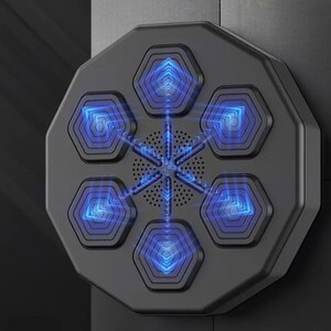 May include: A black, octagonal device featuring six hexagonal blue-glowing panels around a central speaker. The panels have a geometric design, and the device is mounted on a dark surface. The overall design is modern and technological.
