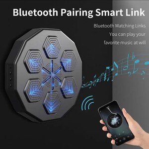 May include: A black, octagonal Bluetooth speaker with six blue-lit hexagonal panels and a central speaker. The text "Bluetooth Pairing Smart Link" is at the top. A smartphone displays music controls, with musical notes in the background.