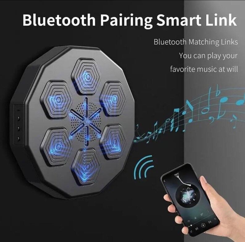 May include: A black, octagonal Bluetooth speaker with six blue-lit hexagonal panels and a central speaker. The text "Bluetooth Pairing Smart Link" is at the top. A smartphone displays music controls, with musical notes in the background.