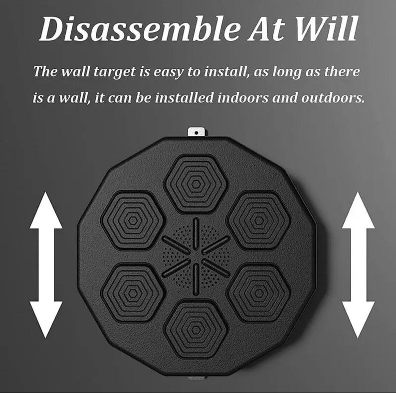 May include: A black, octagonal wall target featuring six hexagonal target zones and a central starburst pattern. Text reads "Disassemble At Will" and installation instructions. White arrows show the target's dimensions.