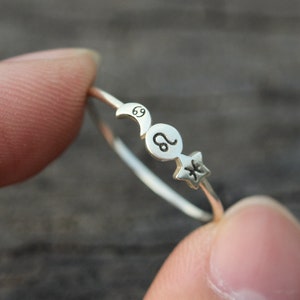 Personalized Sterling Silver Zodiac Ring: Star Moon Sun Astrology Ring