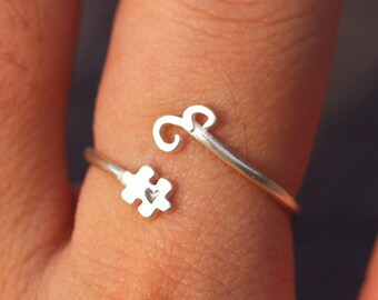 Anel Quebra-Cabeça em Prata de Lei: Inicial Personalizada, Joia de Conscientização do Autismo