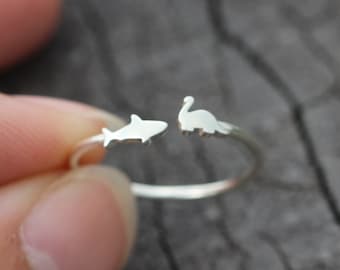 Sterling Silver Shark & Dinosaur Ring: Adjustable Animal Jewelry
