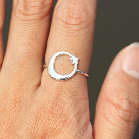 超可爱 Ring,dainty Star and Moon Silver Sterling 925 Half Ring Moon アクセサリー