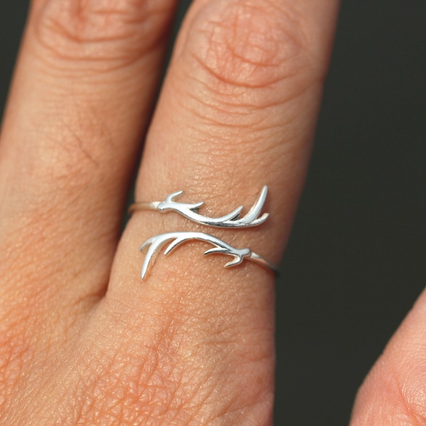 argent sterling Deer Antler Ring, Deer Antler Wrap Ring, Mule Deer Antler Ring, Deer head Ring, Silver Antler Jewelry, Boho ring, Forest Jewelry