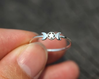 925 silver Triple Moon pentacle ring,Crescent Moon ring,Moon Goddess ring,Mythology jewelry,Stacking Ring,simple jewelry