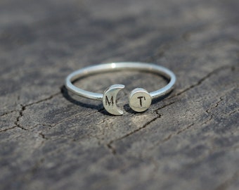 Personalized Open  sun and moon Ring,Custom Initials Ring,His and Hers Rings,Night and Day Ring,Adjustable Ring,sterling silver Letter Ring