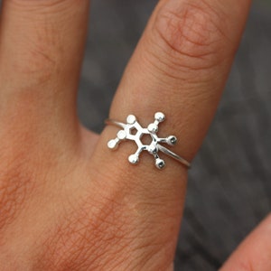 May include: A silver ring featuring a molecular structure design. The ring's centerpiece showcases a geometric pattern with interconnected shapes and spherical accents, creating a unique and scientific aesthetic. The ring is worn on a finger.