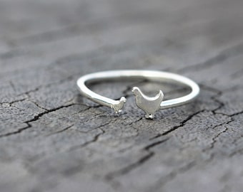 Sterling Silver Chicken Ring: Hen & Chick, Adjustable Family Jewelry