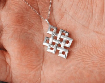 Sterling Silver Endless Knot Necklace: Buddhist Jewelry, Eternity Pendant
