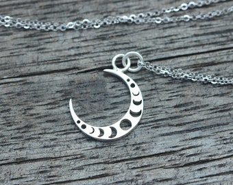 Sterling Silver Moon Phase Necklace: Celestial Crescent Moon Jewelry