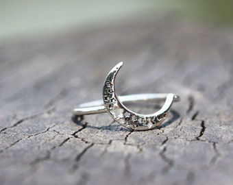 Sterling Silver Crescent Moon Ring: Dainty Star Celestial Jewelry