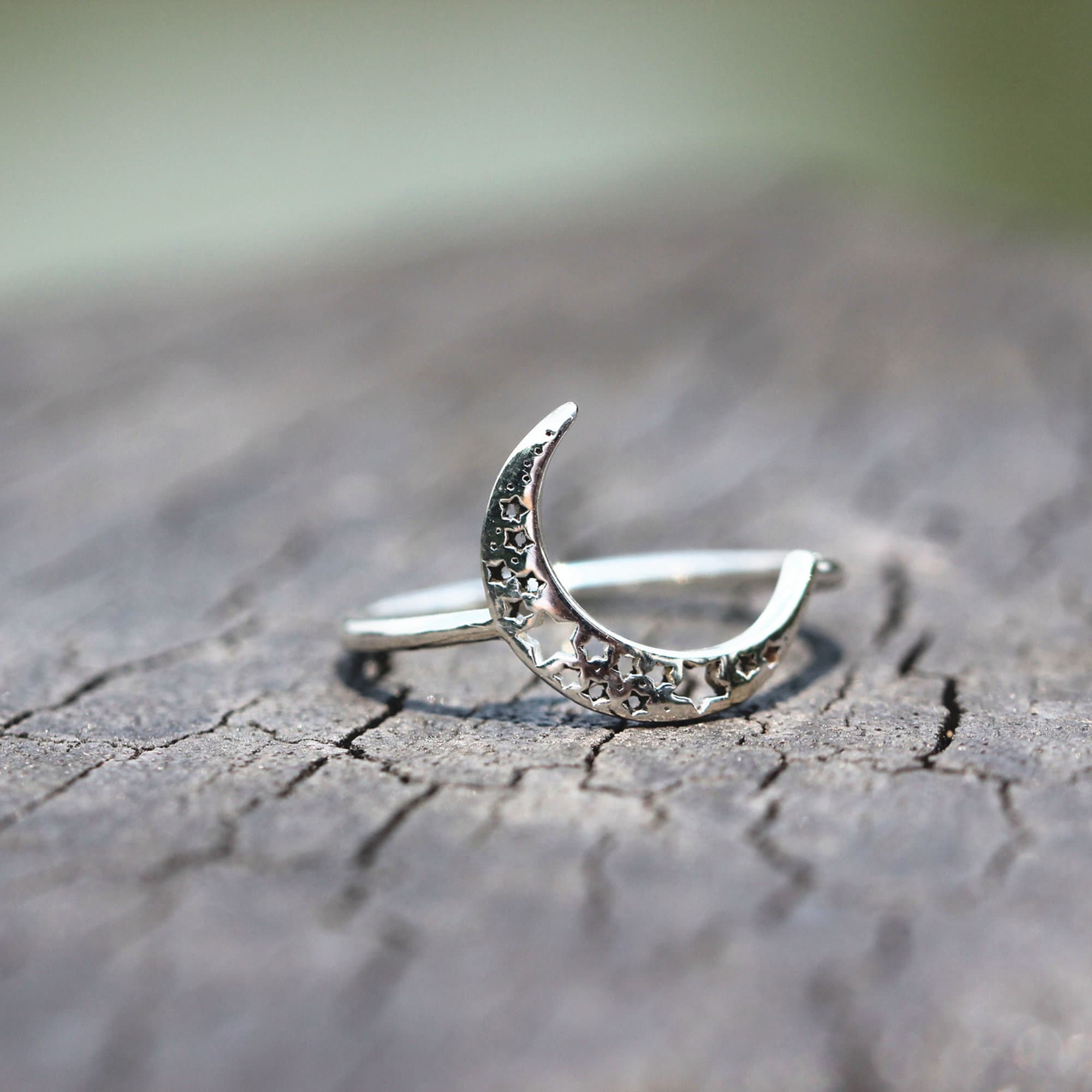 Sterling Silver Crescent Moon Ring: Dainty Star Celestial Jewelry