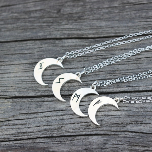 silver moon necklace,runes necklace,Fehu rune necklace,Ansuz,Raihdo,Tiwaz,Berkano,Mannaz,Ingwaz,Othala,Odal Rune,Elder Futhark,Norse Viking