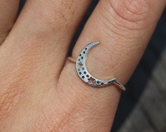 Sterling Silver Crescent Moon Ring: Dainty Star Celestial Jewelry