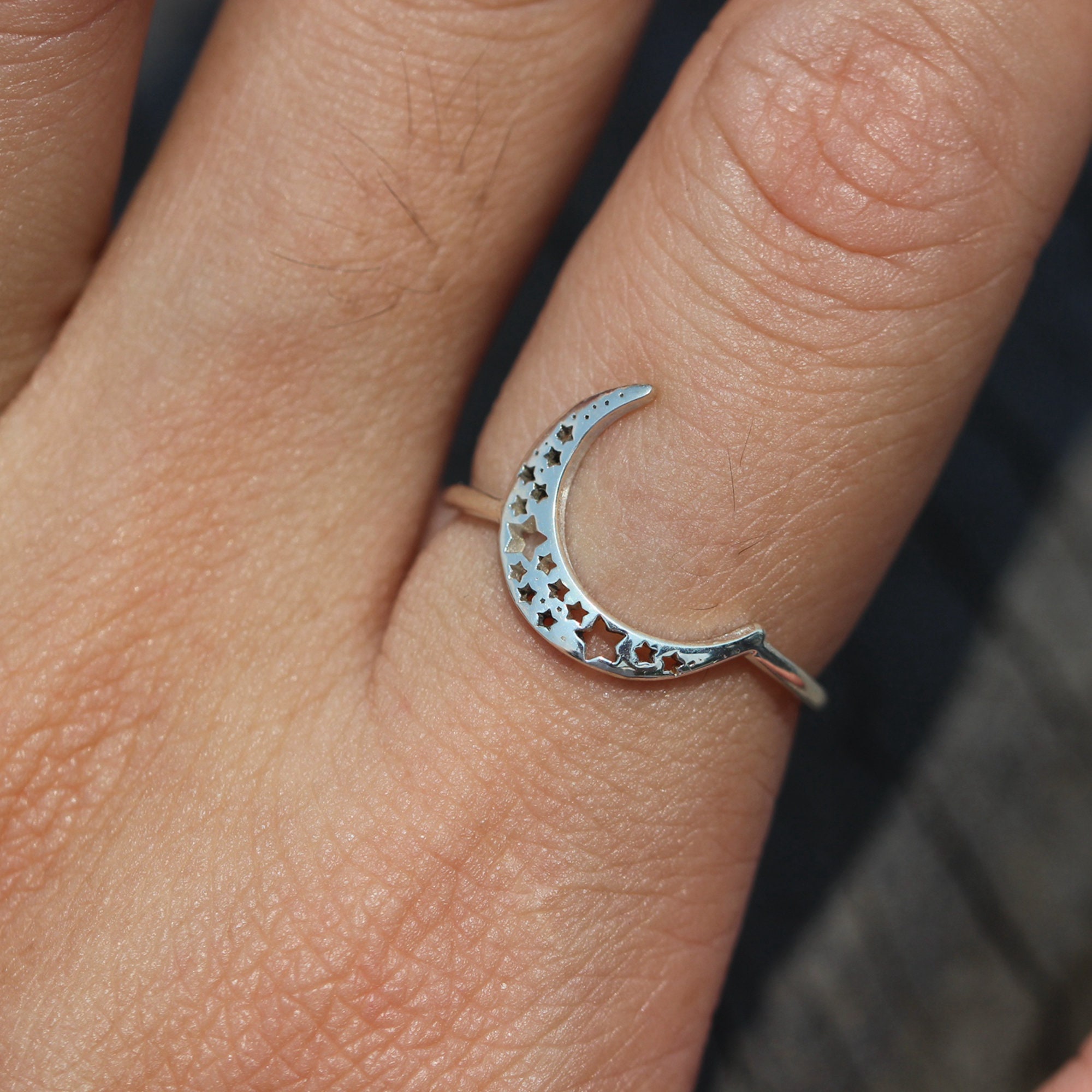 Sterling Silver Crescent Moon Ring: Dainty Star Celestial Jewelry