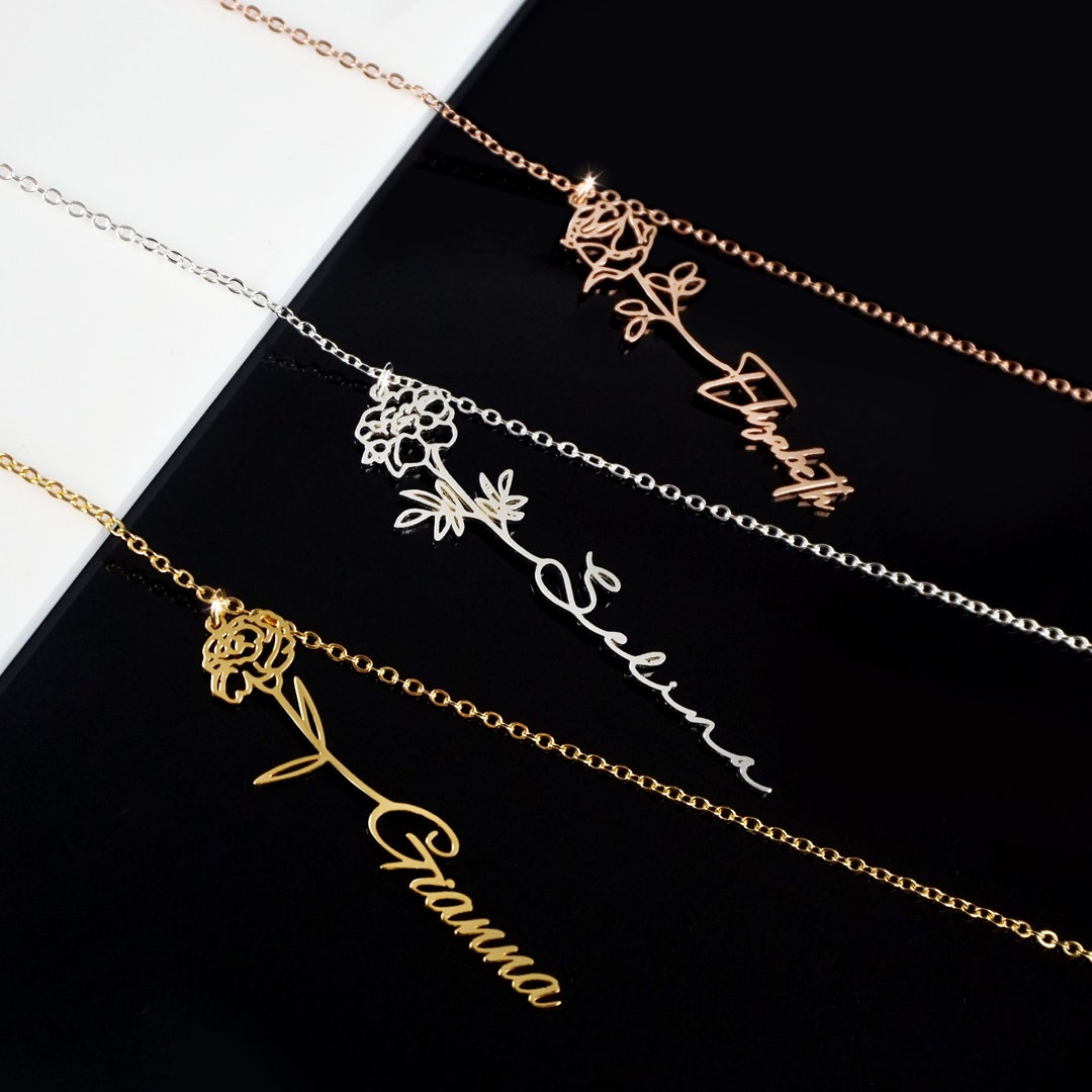 Birth Flower Name Necklace Custom Birth Flower Necklace Etsy