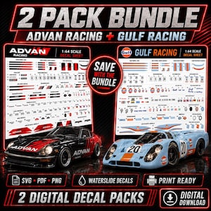 May include: A 2-pack bundle of 1:64 scale waterslide decal sheets for model cars, featuring Advan Racing and Gulf Racing designs. The digital download includes SVG, PDF, and PNG files. The image displays two black and light blue race cars.