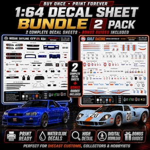 Nissan Skyline + Vintage Gulf Racing Style Waterslide Decal Bundle, Printable Diecast Custom Decals